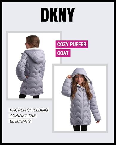 معطف شتوي للفتيات من DKNY - سترة سترة درع جليدي مبطنة بالكامل بصوف الشيربا، وقلنسوة مزخرفة بالفرو (7-16) in Kuwait