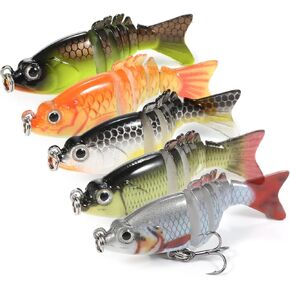 Doorslay 5pcs Fishing Lures, 3D Multi Jointed Swimbaits Slow Sinking Swimming Bait, 2.4inch 6 Segment Lifelike Artificial Topwater Hard Fishing Bait with Hooks, for Freshwater Saltwater Bass Trout