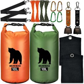 2 Pcs 10L waterproof bear bags with 4 nylon ropes, 4 clips and 2 rock pockets for hanging food securely. Ultralight camping food bag system.