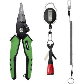 SAMSFX كماشة صيد من الألومنيوم للمياه المالحة مع غمد مموه ومقابض مطاطية غير قابلة للانزلاق، قاطعات كربيد التنجستن، أدوات إزالة الخطاف الدائري المقسم، معدات صيد الأسماك (كماشة بمقبض أخضر + أداة عقدة سريعة) in Kuwait