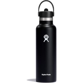 Hydro Flask - Water Bottle 621 ml (21 oz) with Flex Straw Cap - Vacuum Insulated Stainless Steel Reusable Water Bottle - Leakproof Lid - Hot and Cold Drinks - Standard Mouth - BPA-Free - Black