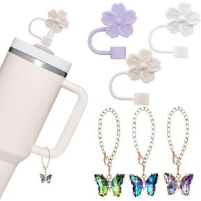 Stanley Cup Accessories 3PCS Flower Straw Cover Cap for Stanley Cup and 3PCS Butterfly Charm for Stanley 30 40 oz Tumbler with Handle