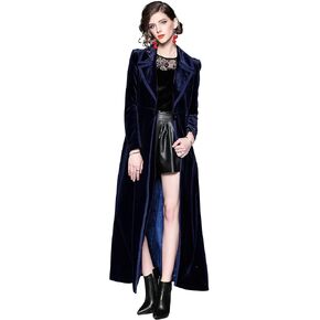 LAI MENG FIVE CATS Women's Notched Lapel Velvet Maxi-Length Trench Coat with Pocket