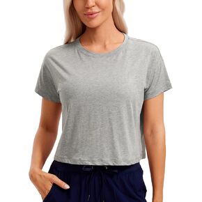CRZ YOGA Women's Pima Cotton Workout Short Sleeve Shirts Loose Crop Tops Athletic Gym Shirt Casual Cropped T-Shirt