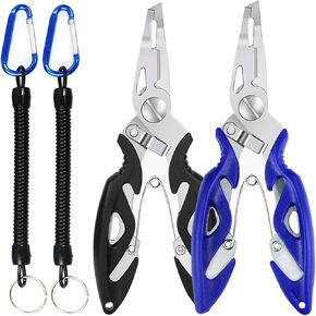 Fishing Pliers, Stainless Steel Fish Hook Remover 2PCS, Multi-Function Fishing Line Cutter Split Ring Opener, Fishing Braid Scissors Gear Accessories Fish Gripper with Lanyard Fly Fishing Tool
