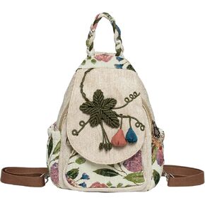 Casual Canvas Backpack，Cotton Woven，Versatile hand-woven cotton linen bag small shoulder small fresh light fashion lightweight cloth leisure art backpack