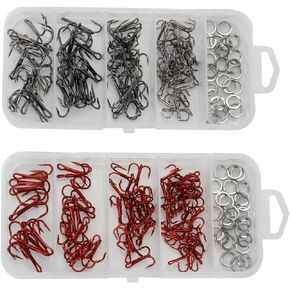 Treble Fishing Hooks Kit -200pcs/box Sharp Round Bend Classic Triple Fishing Hooks High Carbon Steel Barbed Treble Hooks for Fishing Lure Baits Saltwater Freshwater Size 4 6 8 10 12