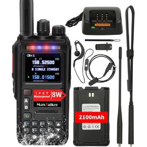 Ham Radio Handheld GMRS Radio: MaxTalker TK-W60 Waterproof Ham Radios Long Range 8W with Tactical Antenna, Two Way Radio Rechargeable Walkie Talkies with Earpiece, Multi-Band VHF UHF Radio for Camping