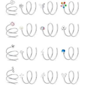 Akeoqi 16PCS Double Nose Ring Hoop For Single Piercing Stainless Steel Dangle Spiral Nose Rings Snake Flower Butterfly Planet Angel Wings Heart Ball Twist Earring Hoops Body Piercing Jewelry For Women