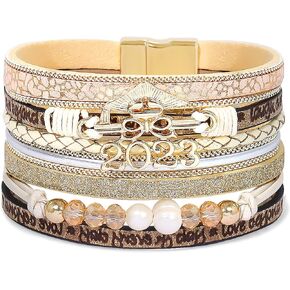 Multilayer Wrap Leather Bracelet Heart Modern Boho Bracelet with Magnetic Clasp Cuff Rhinestone Leather Bracelets for Women