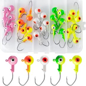 30-Pack Fishing Jig Heads, Round Ball Crappie Jig Head with 3D Eyes, 1/32-3/8oz Jigs Heads for Bass Fishing Trout Crappie Perch Bluegill Walleye, Live Soft Bait Assorted Size Fishing Hook