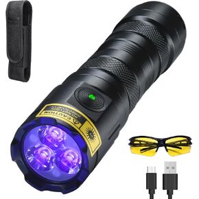 High Power UV 395nm Flashlight USB Rechargeable, 3 LEDs Ultraviolet Flashlights Handheld,20W Mini Black Light Woods Lamp, Resin Curing, Spot Scorpions,Detector for Pet Dog Urine