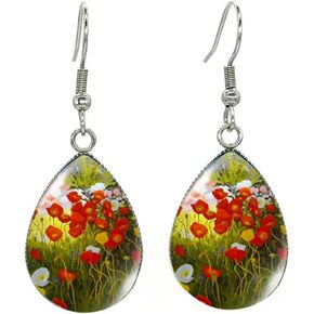 EarringTear Drop Hook Earrings Art Poppies Glass Dome Cabochon Earrings Jewelry in Kuwait