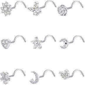Masedy 9Pcs 20G Stainless Steel Nose Rings L Shaped Nose Studs Flower Screw Nose Rings for Women Men Nose Piercing Set