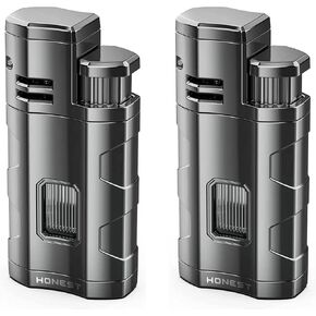 All in One Cigar Torch Lighter Windproof Triple Jet Flame Lighter Refillable Gas Fire Lighter Briquet Heavy Duty with Punch and Butane Window (2 Pack Metal Grey/without Butane)
