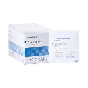 McKesson Split Sponges, 6-Ply Sterile, I.V. and Tracheostomy Dressings, Polyester / Rayon Blend, 2 in x 2 in, 2 per Pack, 1 Pack