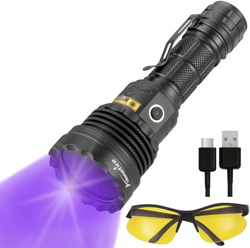 ALONEFIRE SV52 365 نانومتر مصباح يدوي للأشعة فوق البنفسجية 25 واط USB قابل لإعادة الشحن باللون الأسود للكشف عن بقع البول للحيوانات الأليفة لعلاج الراتنج، العقرب، صيد الأسماك، المعادن، الغراء الجاف مع نظارات واقية للأشعة فوق البنفسجية، البطارية متضمنة in Kuwait