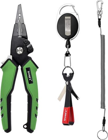 SAMSFX كماشة صيد من الألومنيوم للمياه المالحة مع غمد مموه ومقابض مطاطية غير قابلة للانزلاق، قاطعات كربيد التنجستن، أدوات إزالة الخطاف الدائري المقسم، معدات صيد الأسماك (كماشة بمقبض أخضر + أداة عقدة سريعة) in Kuwait