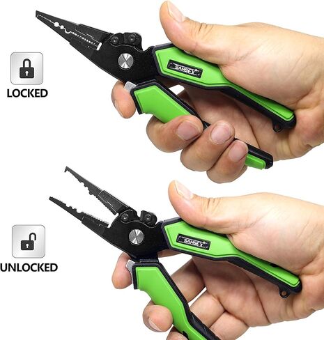 SAMSFX كماشة صيد من الألومنيوم للمياه المالحة مع غمد مموه ومقابض مطاطية غير قابلة للانزلاق، قاطعات كربيد التنجستن، أدوات إزالة الخطاف الدائري المقسم، معدات صيد الأسماك (كماشة بمقبض أخضر + أداة عقدة سريعة) in Kuwait