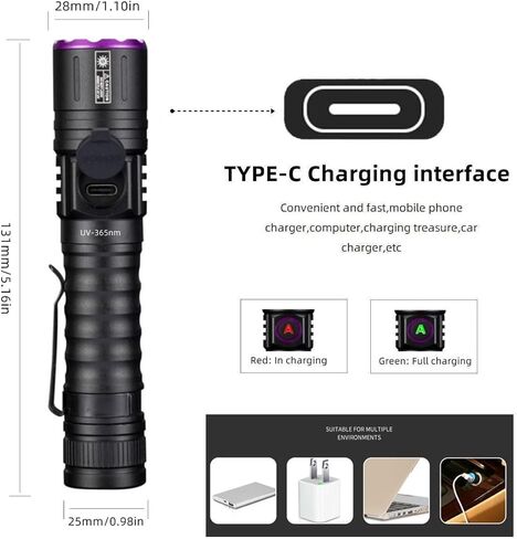 ALONEFIRE SV101 365 نانومتر مصباح يدوي للأشعة فوق البنفسجية 5 وات من النوع C USB قابل لإعادة الشحن للكشف عن الأموال بالضوء الأسود لعلاج الراتنج، والكشف عن بول الحيوانات الأليفة، والعقرب، وصيد الأسماك، والمعادن، والتسريبات، وعلاج الغراء مع البطارية in Kuwait