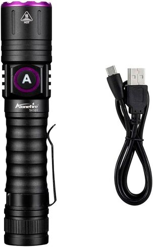 ALONEFIRE SV101 365 نانومتر مصباح يدوي للأشعة فوق البنفسجية 5 وات من النوع C USB قابل لإعادة الشحن للكشف عن الأموال بالضوء الأسود لعلاج الراتنج، والكشف عن بول الحيوانات الأليفة، والعقرب، وصيد الأسماك، والمعادن، والتسريبات، وعلاج الغراء مع البطارية in Kuwait