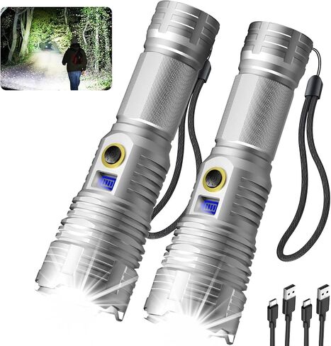 Flashlights High Lumens 2 Pack, 600000 Lumens Rechargeable LED Flashlights with 5 Modes, Super Bright Waterproof Zoomable Tactical Flashlights with LCD Display for Emergencies Camping Outdoor in Saudi Arabia