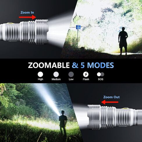 Flashlights High Lumens 2 Pack, 600000 Lumens Rechargeable LED Flashlights with 5 Modes, Super Bright Waterproof Zoomable Tactical Flashlights with LCD Display for Emergencies Camping Outdoor in Saudi Arabia