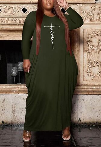 Fooullaide Women's Plus Size Maxi Dress Print Loose Oversize Long Sleeve Baggy Tshirt Casual Tunic Dresses with Pocket in Kuwait