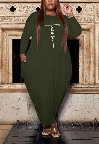 Fooullaide Women's Plus Size Maxi Dress Print Loose Oversize Long Sleeve Baggy Tshirt Casual Tunic Dresses with Pocket in Kuwait