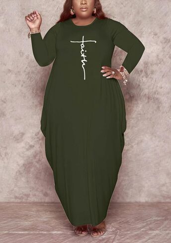 Fooullaide Women's Plus Size Maxi Dress Print Loose Oversize Long Sleeve Baggy Tshirt Casual Tunic Dresses with Pocket in Kuwait