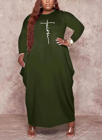 Fooullaide Women's Plus Size Maxi Dress Print Loose Oversize Long Sleeve Baggy Tshirt Casual Tunic Dresses with Pocket in Kuwait