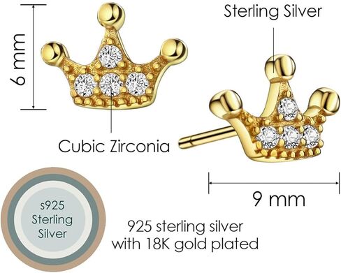 أقراط من الفضة/الذهب عيار 925 من الفضة الإسترليني CZ على شكل تاج الأميرة مع عمود فضي للفتيات in Kuwait