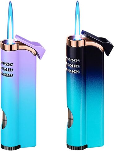 2 عبوة من ولاعة معدنية زرقاء متدرجة، ولاعة شعلة نفاثة مقاومة للرياح وقابلة للتعديل، ولاعات شعلة البيوتان قابلة لإعادة الملء، شموع شواء للمطبخ، (بدون غاز) in Kuwait