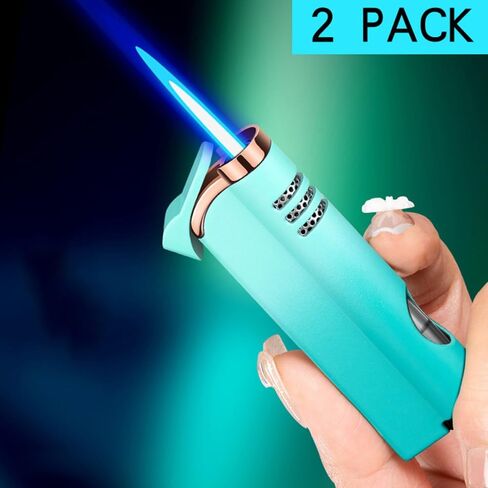 2 عبوة من ولاعة معدنية زرقاء متدرجة، ولاعة شعلة نفاثة مقاومة للرياح وقابلة للتعديل، ولاعات شعلة البيوتان قابلة لإعادة الملء، شموع شواء للمطبخ، (بدون غاز) in Kuwait