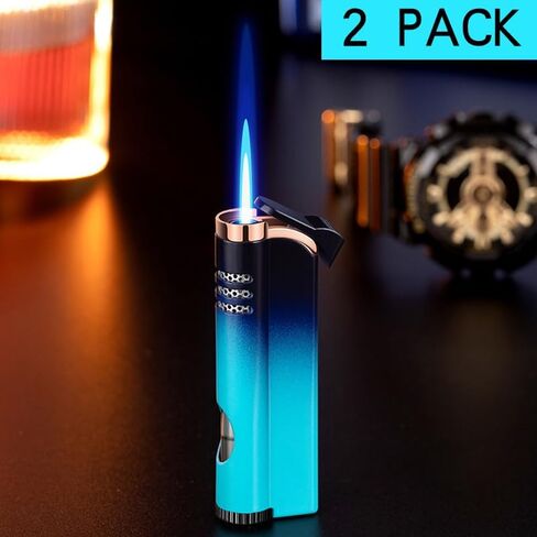 2 عبوة من ولاعة معدنية زرقاء متدرجة، ولاعة شعلة نفاثة مقاومة للرياح وقابلة للتعديل، ولاعات شعلة البيوتان قابلة لإعادة الملء، شموع شواء للمطبخ، (بدون غاز) in Kuwait