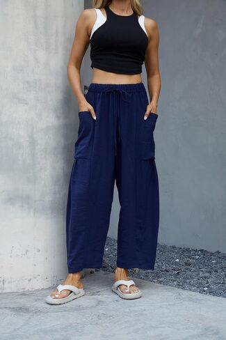 Honwenle Women's Wide Leg Pants Loose Drawstring Palazzo Pants Summer Casual Flowy Beach Trousers with Cargo Pockets in Saudi Arabia