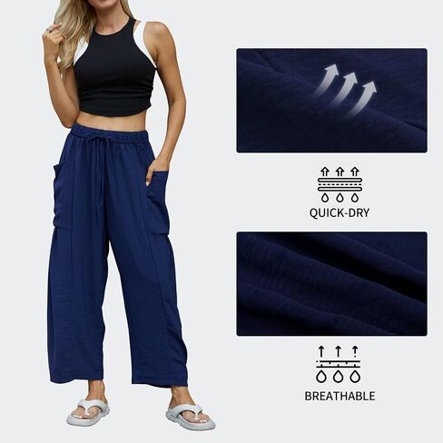 Honwenle Women's Wide Leg Pants Loose Drawstring Palazzo Pants Summer Casual Flowy Beach Trousers with Cargo Pockets in Saudi Arabia