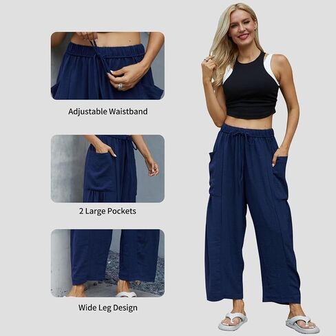 Honwenle Women's Wide Leg Pants Loose Drawstring Palazzo Pants Summer Casual Flowy Beach Trousers with Cargo Pockets in Saudi Arabia