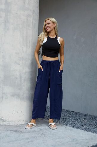 Honwenle Women's Wide Leg Pants Loose Drawstring Palazzo Pants Summer Casual Flowy Beach Trousers with Cargo Pockets in Saudi Arabia
