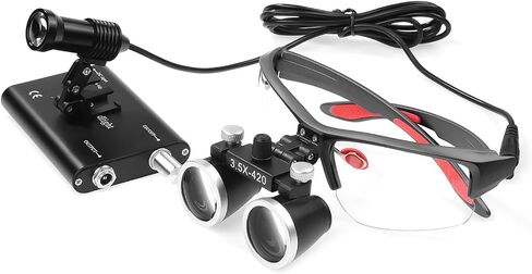 Portable 5W LED Head Light Headlight with 2.5X 3.5X Loupes Binocular Loupes Magnifying Glasses Optical Glass (Black, 3.5X) in Kuwait
