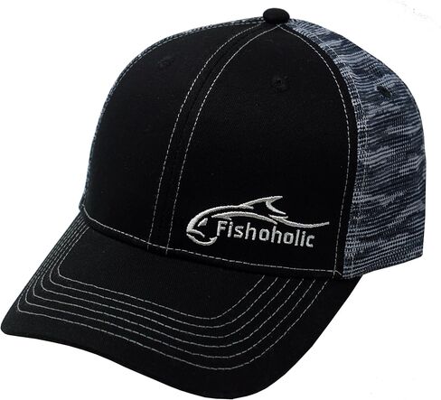 Fishoholic Snapback Baseball Fishing Hat - Embroidered Logos Mesh Trucker Fishing Gift for Dad Father Son (R) TM Fishaholic (SNP-BlkStk) in Kuwait