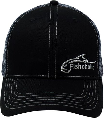 Fishoholic Snapback Baseball Fishing Hat - Embroidered Logos Mesh Trucker Fishing Gift for Dad Father Son (R) TM Fishaholic (SNP-BlkStk) in Kuwait