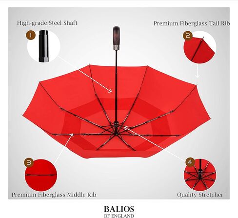 Balios Travel Folding Umbrella with Real Wood Handle Auto Open Close Vented Windproof Canopy - Designed in UK in Kuwait