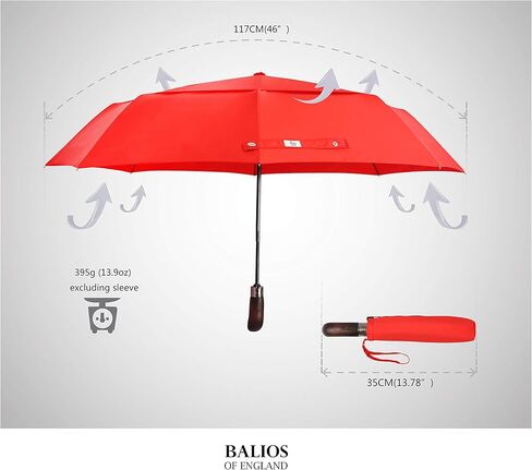 Balios Travel Folding Umbrella with Real Wood Handle Auto Open Close Vented Windproof Canopy - Designed in UK in Kuwait