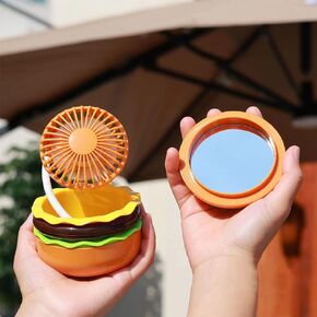 Rechargeable Hamburger Mini Fan, Creative Cute Toy Fan with Mirror, 3-Speed Mode, Small Gift for Family and Friends in Summer.