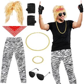 Mepase 7 Pcs Halloween 80s Costumes for Men Rock Costume Rocker Pants Wig Gloves Gold Necklace Bracelet Sunglasses Set Men's 80s Outfit for Party 1980s Costumes Halloween Costume for Men