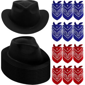 Haysandy 24 Pieces Western Cowboy Hat Set, Felt Cowboy Themed Party Hats with Paisley Bandanas for Adult Kids Cowboy Costume Party (Brown, Red, Blue), Hat: about. 11.8 x 10 x 4 inches