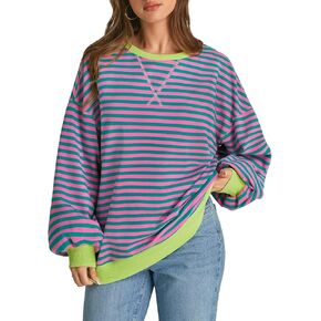 ATHMILE Women's Striped Oversized Sweatshirt Long Sleeve Shirts for Women Crewneck Hoodies Casual Pullover Top Y2K Tops