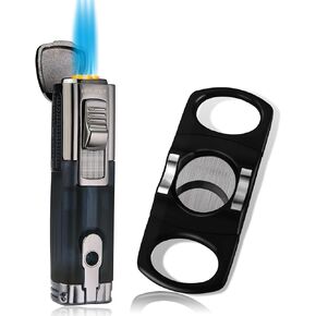 PROMISE Cigar Lighter and Cutter Gift Set Torch Lighter Windproof Triple 3 Jet Flame Lighter Butane Refillable with Built-in Cigar Punch Lighter and Cutter Sets Gift Box Pack (Gold)