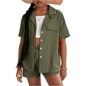 Verdusa Girl's 2 Piece Outfit Button Up Short Sleeve Shirt and Short Sets